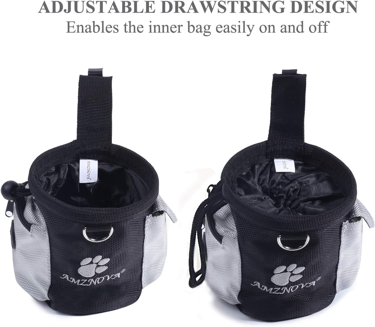 AMZNOVA snack fanny pack showing built-in exterior poop bag dispenser slot