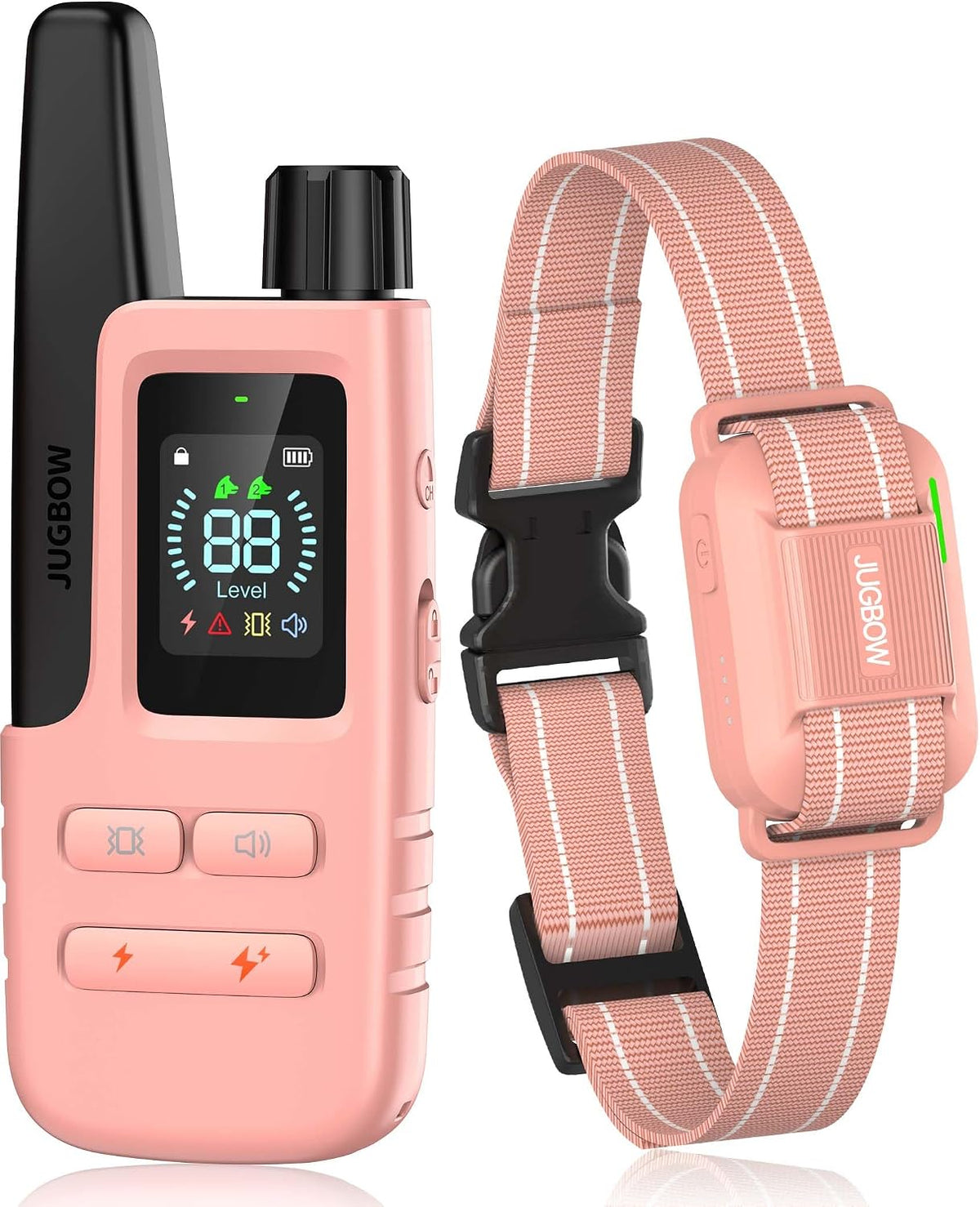 Jugbow electronic dog training collar in pink with remote control front view