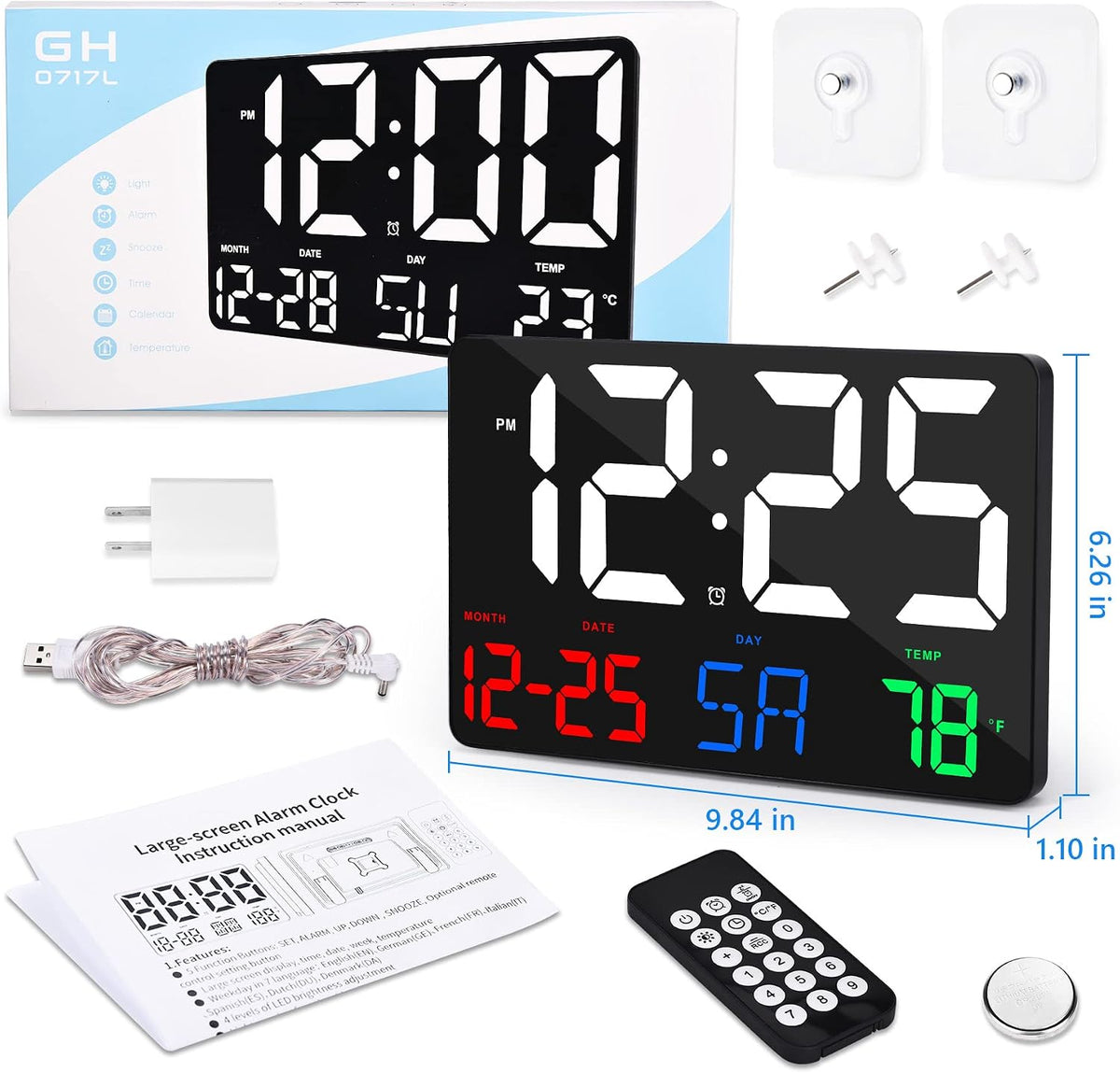 Digital Wall Clock,11.5" LED Digital Alarm Clock Large Display,with Remote Control,Adjustable Brightness, Calendar, Temperature, Snooze, 12/24 H, for Living Room, Office, Bedroom, Elderly, Adults Set - Image 7
