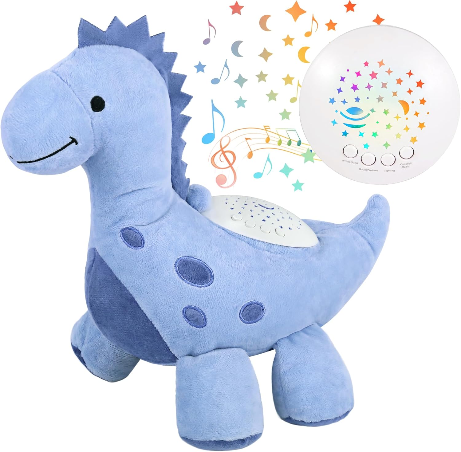 Wiqins baby sleep soother dinosaur night light projector front view showing the starry sound machine belly module.