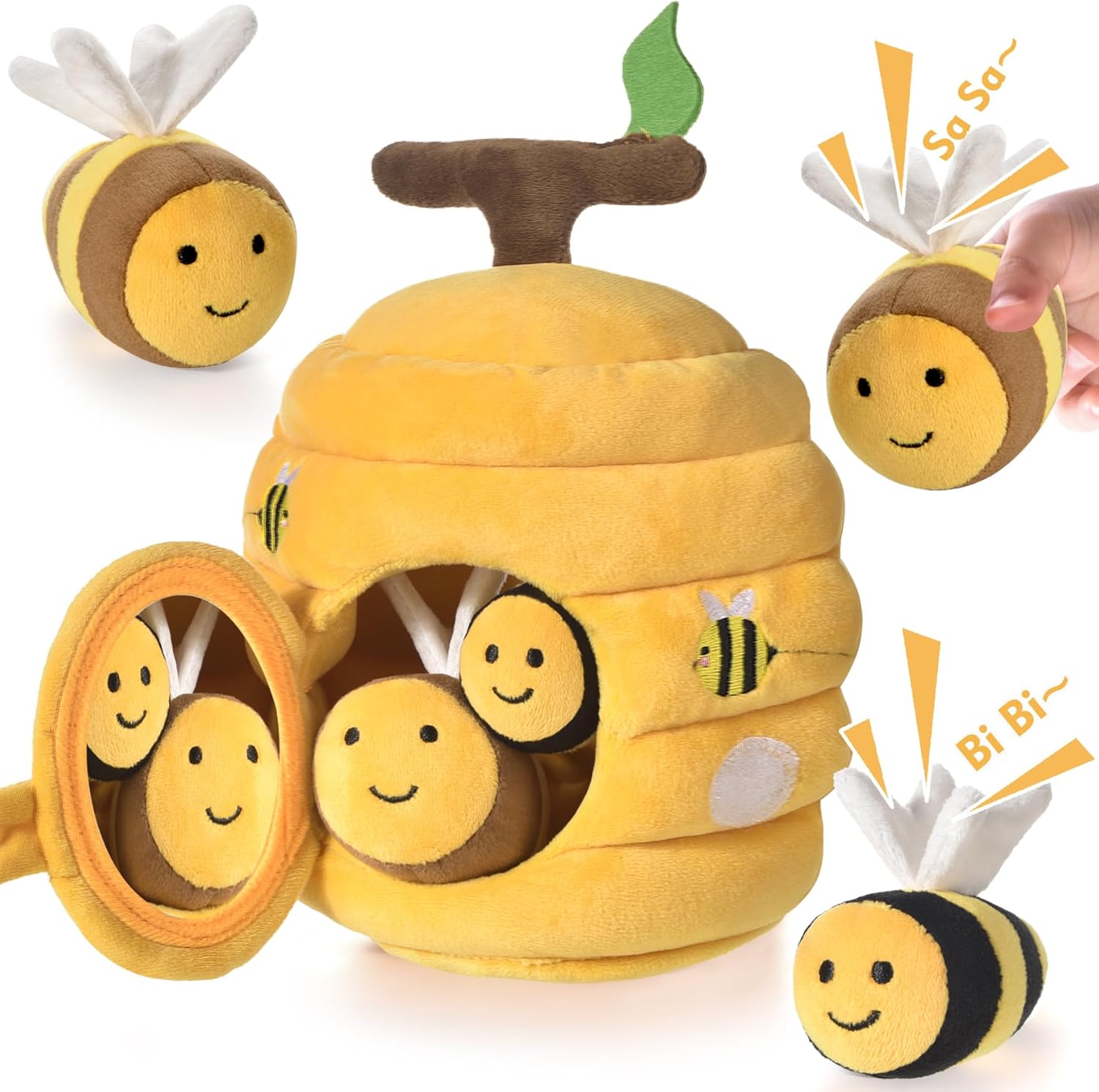 Vorenus soft beehive baby toy front view featuring plush hive and five sensory stuffed bees.