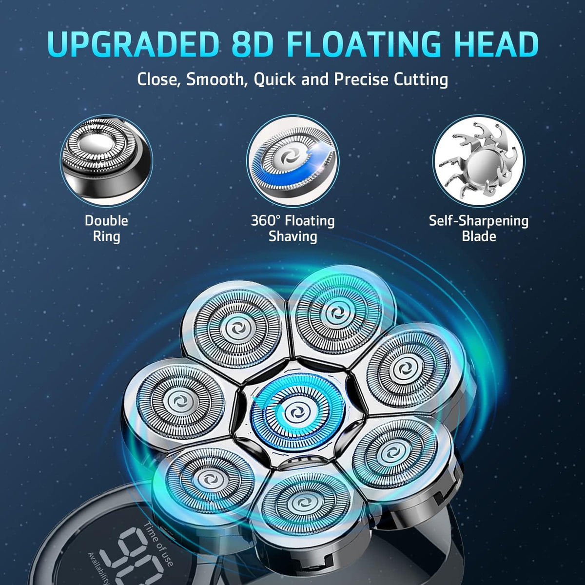 Next Beauty electric razor showing 8D floating rotary heads