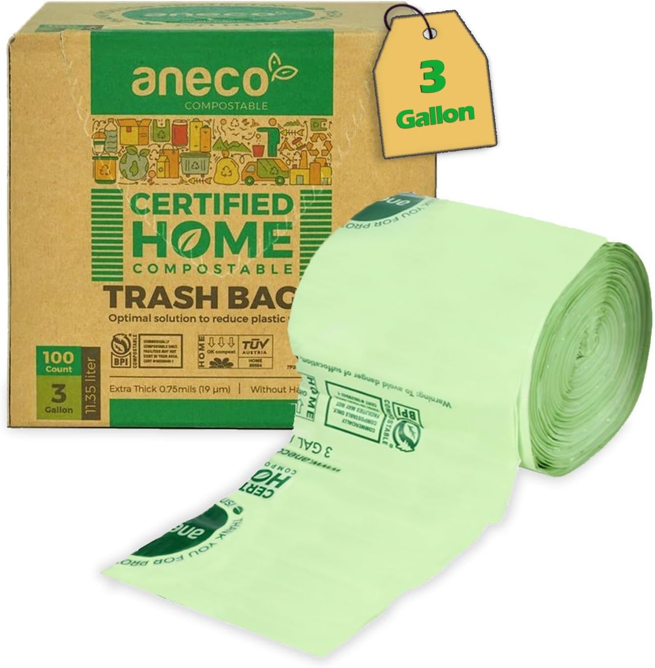 ANECO 100% Compostable Food Waste Bags 3 Gallon 100 Count front view of packaging.