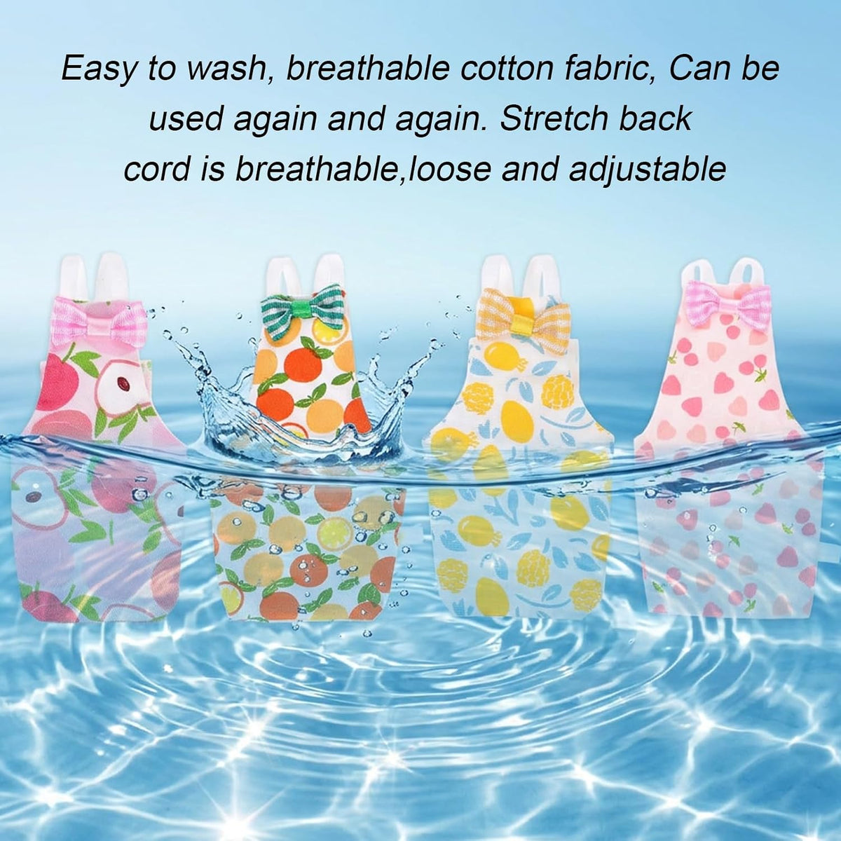 Four pieces of colorful fruit print parrot nappies displayed flat.