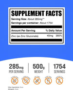 BulkSupplements Zinc Gluconate Powder 500g pouch