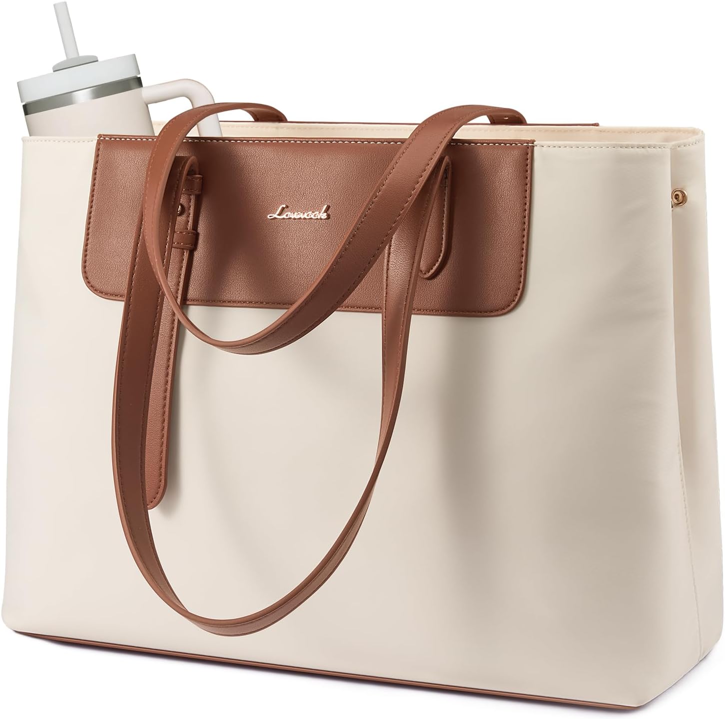 LOVEVOOK laptop tote bag for women front view in white and brown leather contrast styling for professional workwear