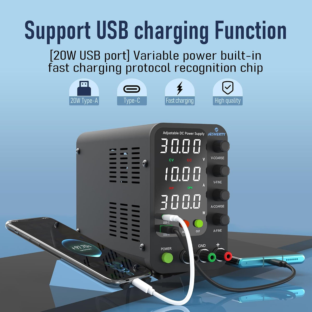 Jesverty bench power supply control panel close-up with USB quick-charge ports.