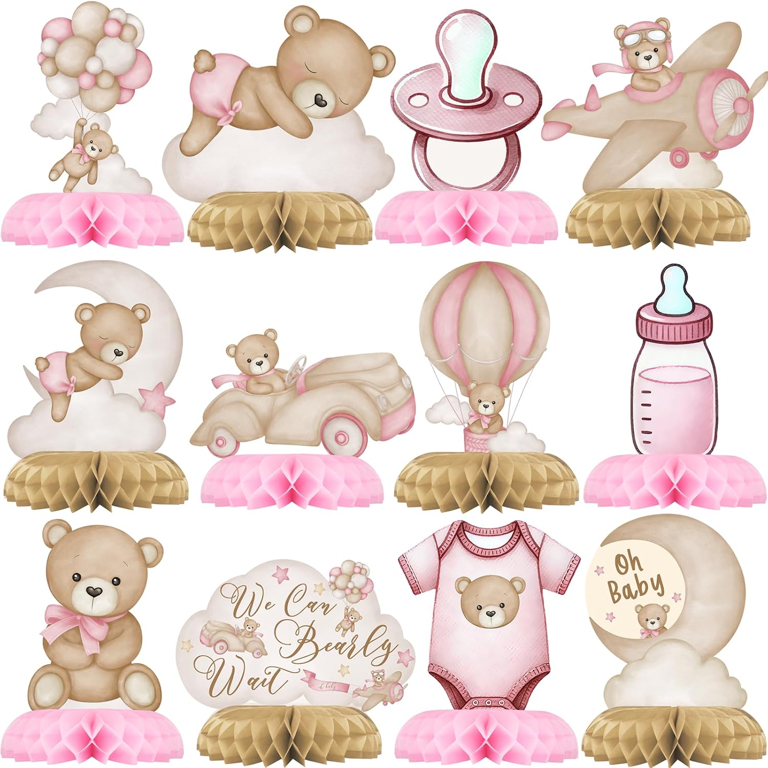 Outego Pink Teddy Bear Honeycomb Centerpiece Set front view of 12-piece baby shower table decorations