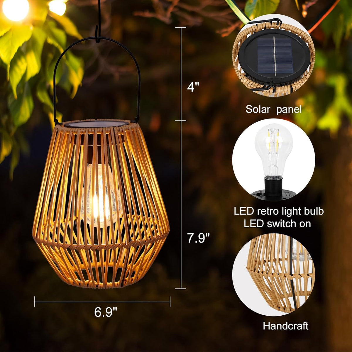 Livinlarge 2 pack solar wicker lanterns displayed in a backyard setting