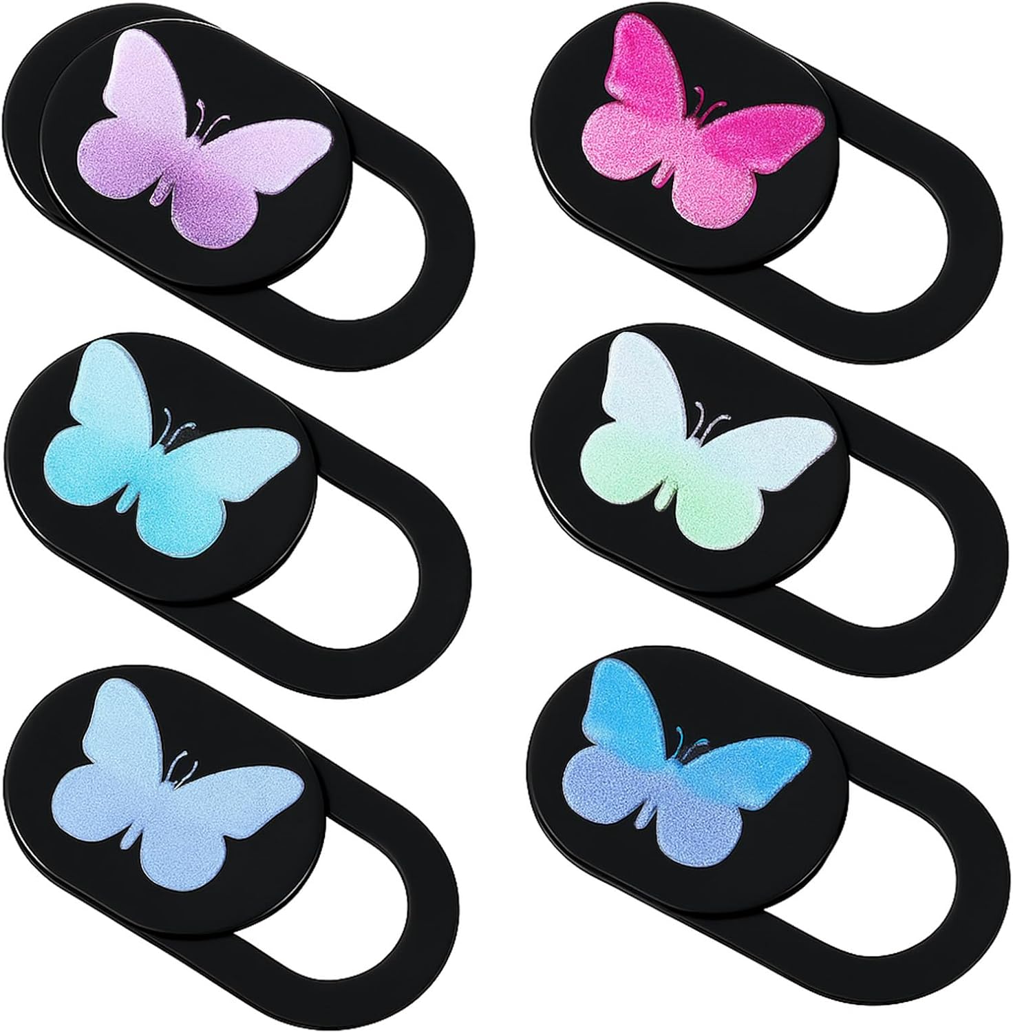 Qulkws butterfly webcam cover slide front view pack of six showing colorful designs on a black background