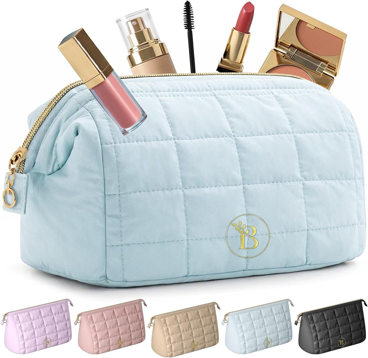 BLOOMORA Quilted Pink Makeup Bag for Women, Travel Toiletry Bag with Wide-Open Top & Zipper Pouch, Travel Makeup Case Organizer with Internal Pockets, Puffy Cosmetic Pouch for Everyday Essentials - Image 10