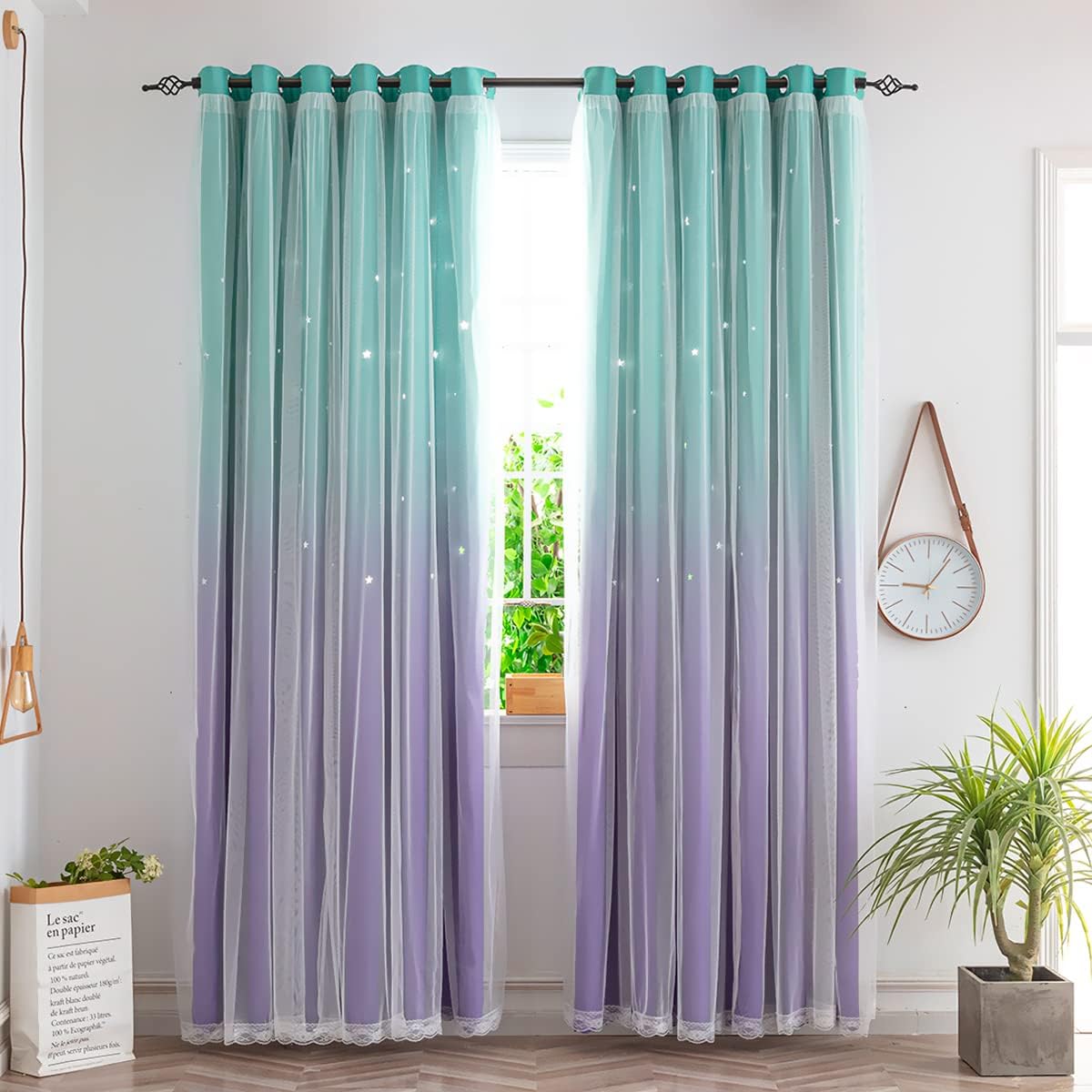 Yancorp kids princess curtains purple teal front view