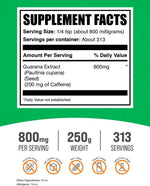 BulkSupplements Guarana Seed Extract supplement powder showing nutrition facts and serving size information.