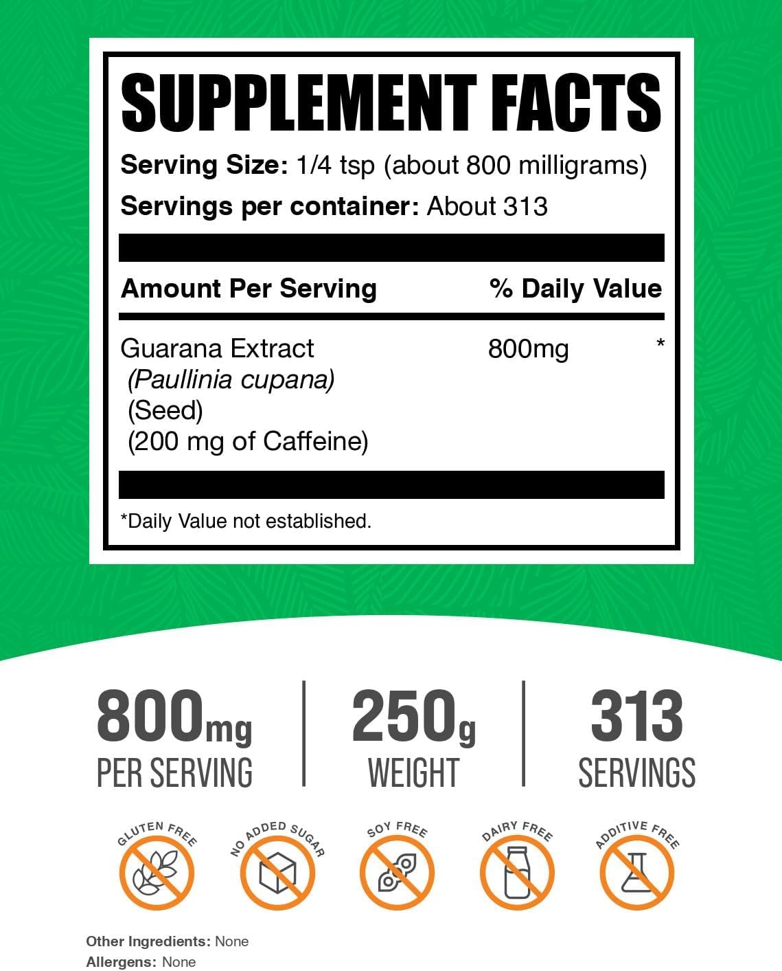 BulkSupplements Guarana Seed Extract supplement powder showing nutrition facts and serving size information.