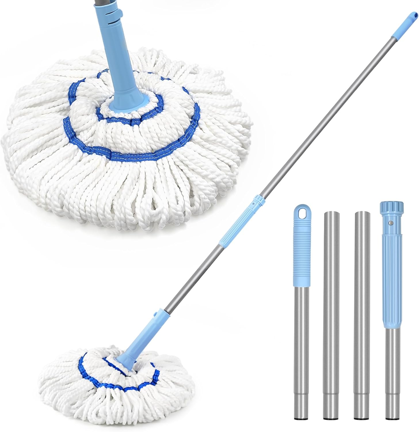 NEWE self wringing twist mop front view showing chambray blue microfiber head