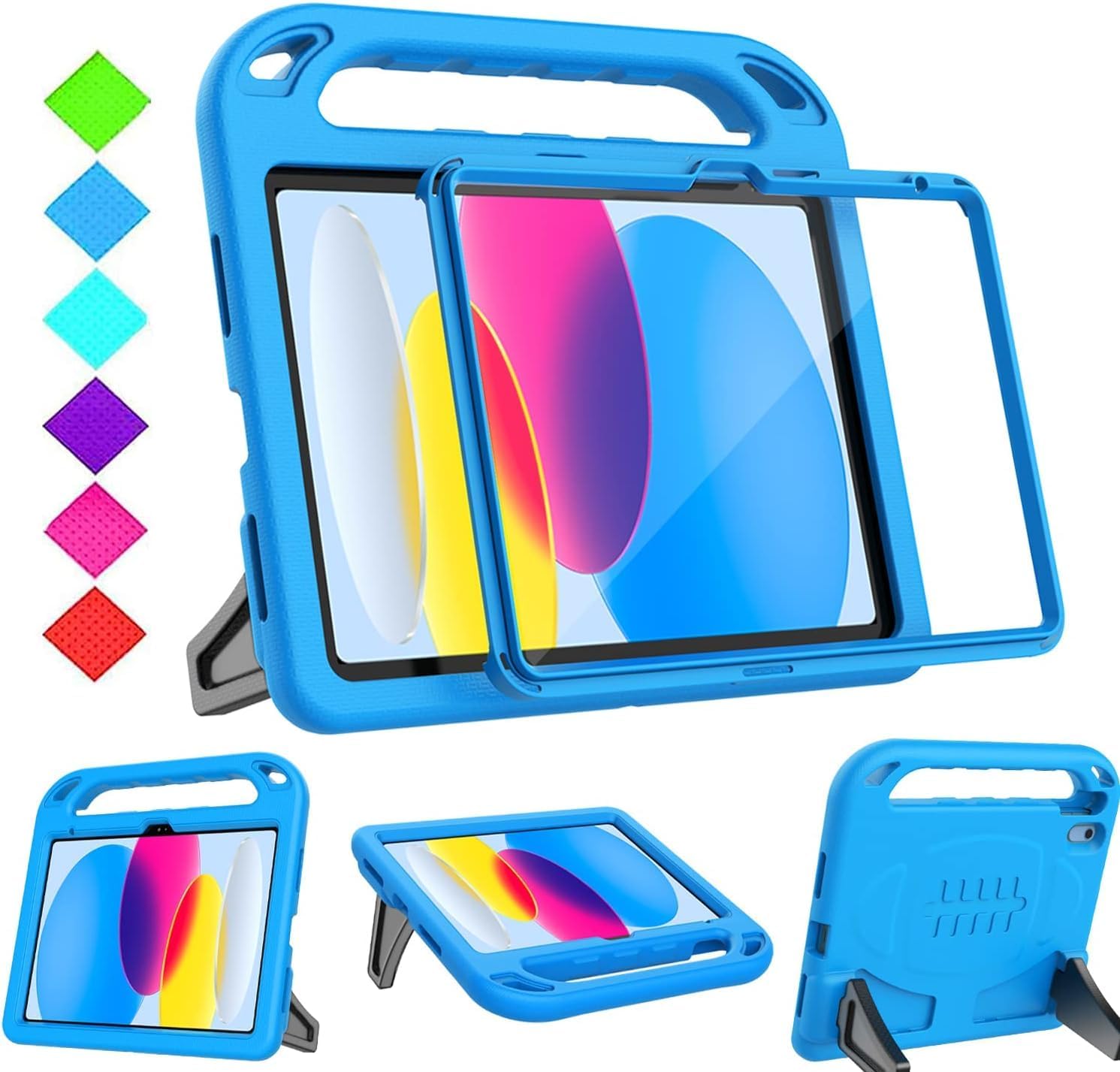 BMOUO kids case for iPad 10th generation front view in bright blue color showing built in screen protector