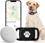 Ztobny Smart Pet Tracker front view showing the compact circular device inside a black silicone paw print holder.