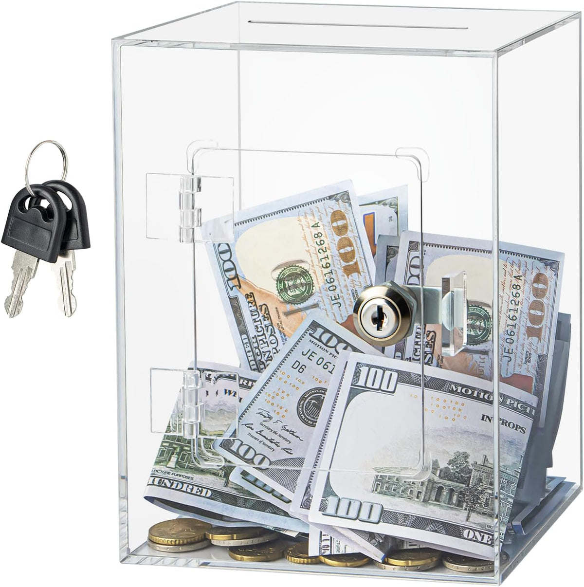 Hicocool clear acrylic piggy bank with lock front view showing coin slot and transparent design for tracking savings.