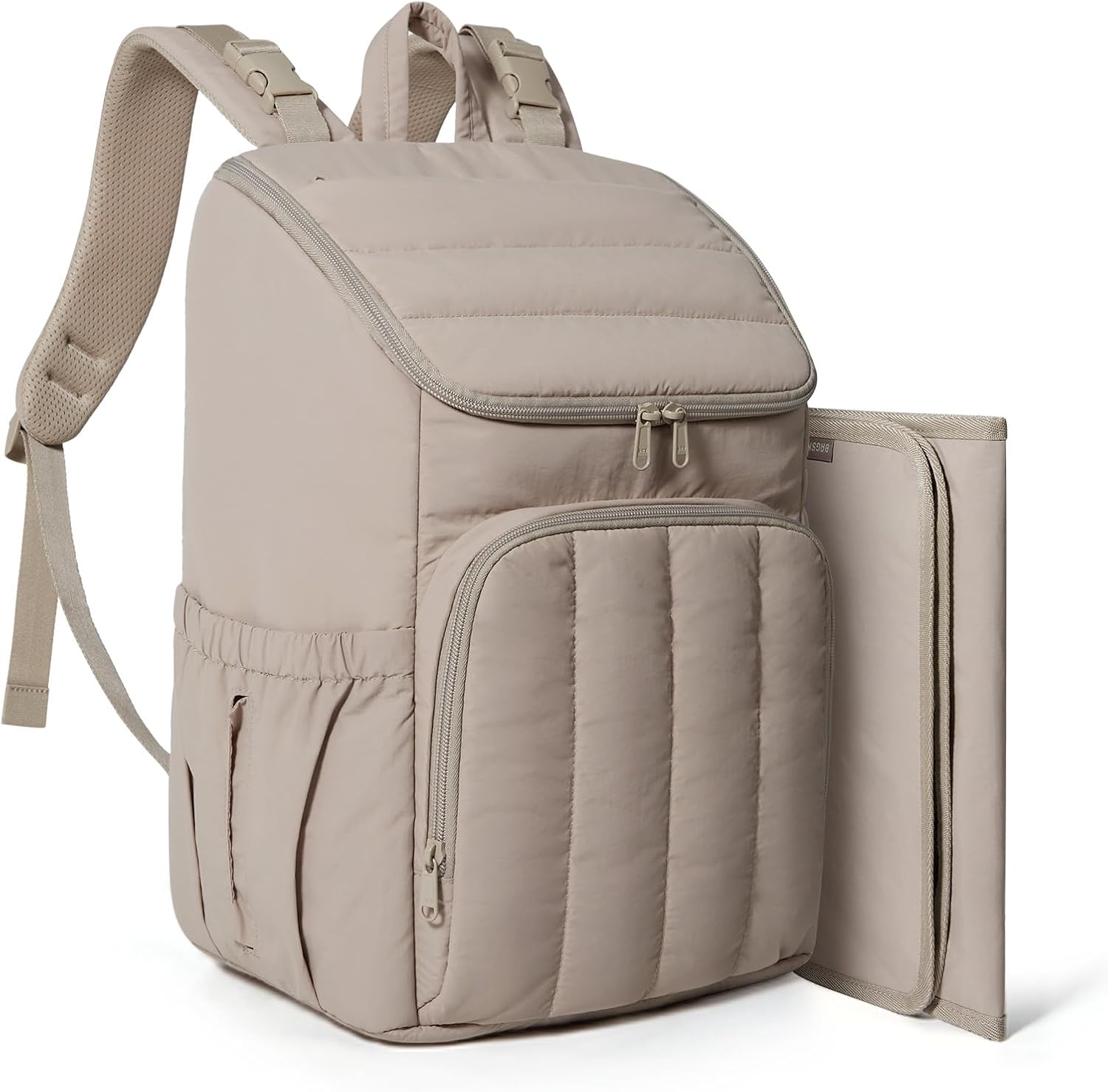 BAGSMART quilted puffy diaper bag backpack front view in neutral beige color.