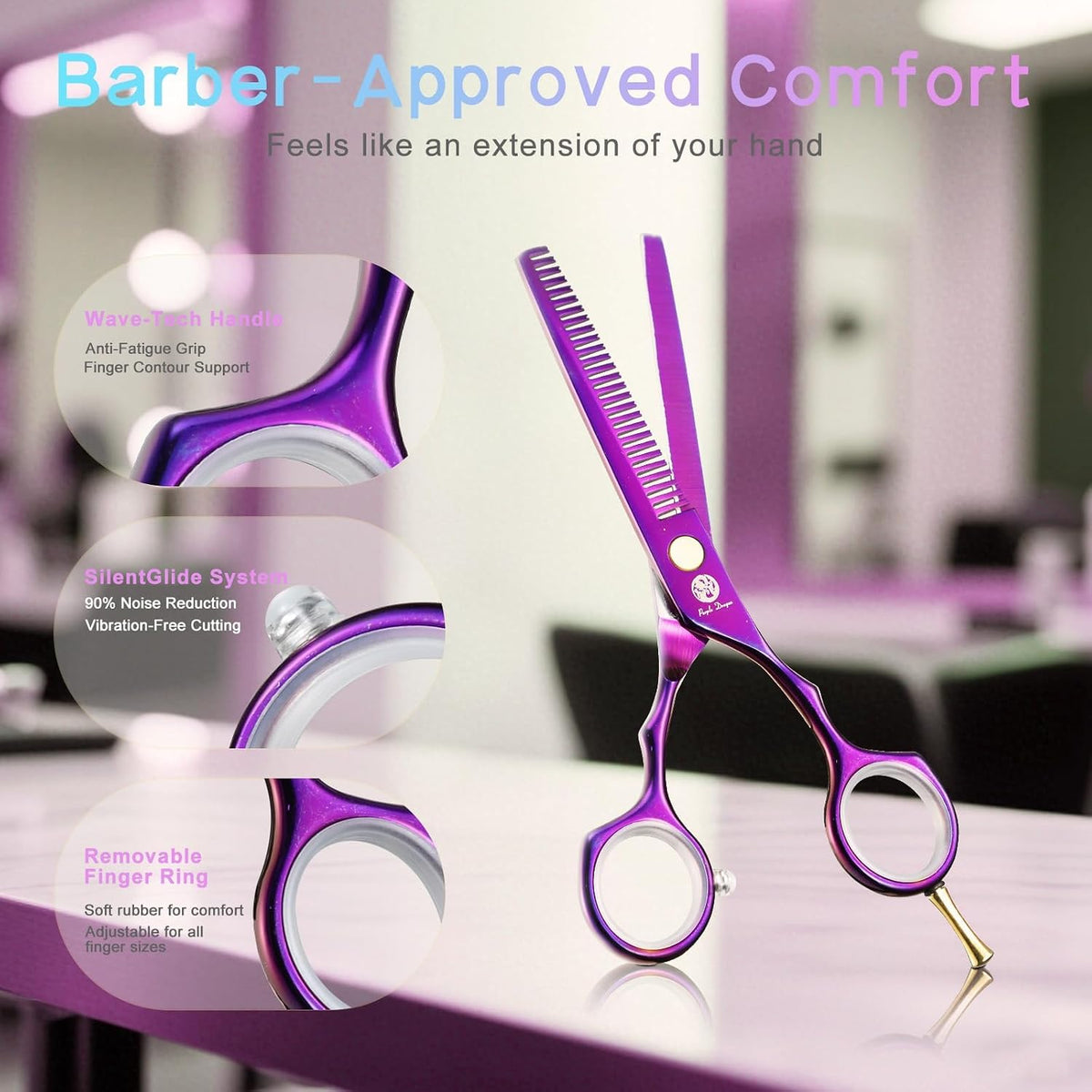Purple Dragon hair cutting scissors ergonomic handle detail