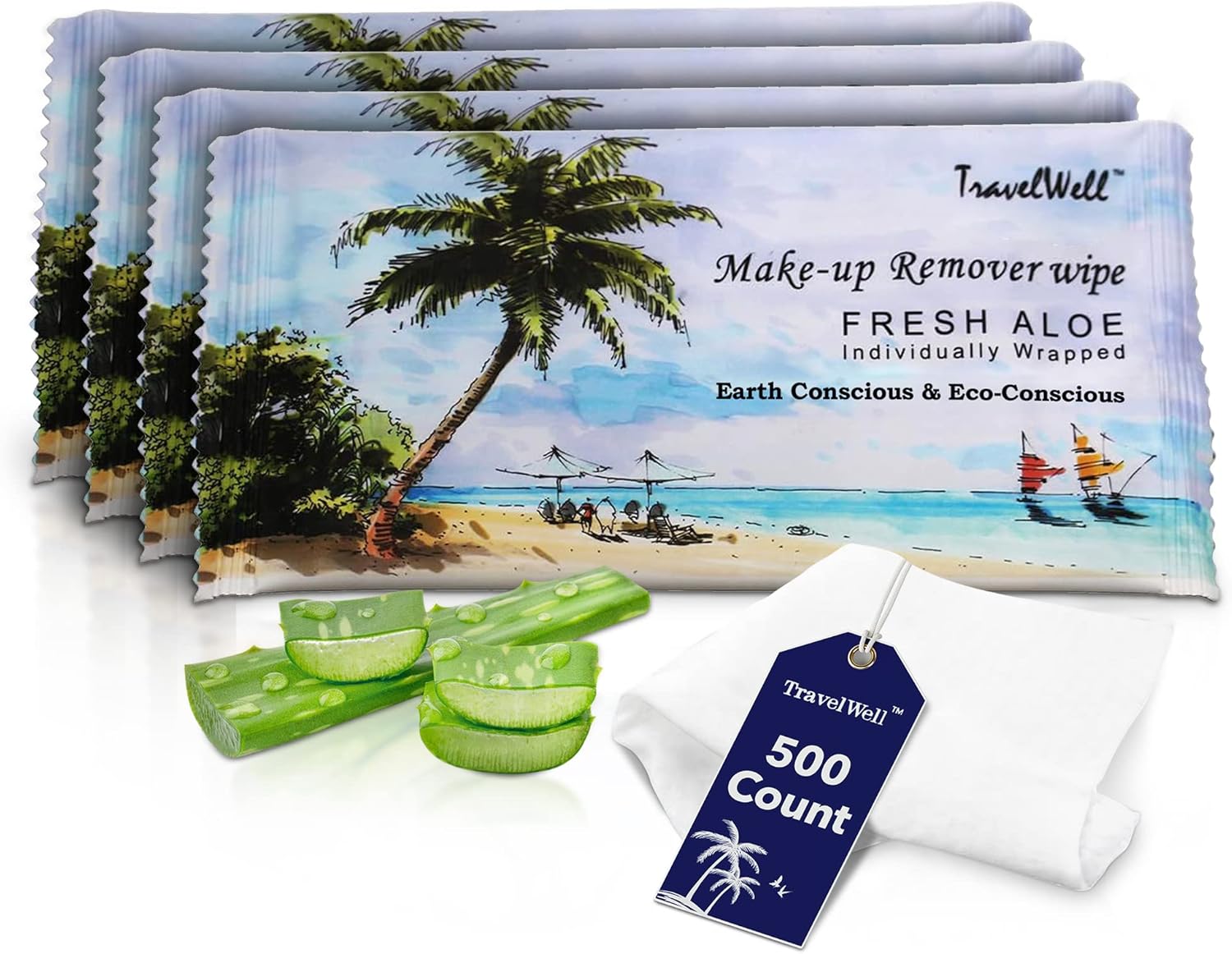 Travel Well Non-Woven Makeup Remover Wipes - Bulk Makeup Wipes Individually Wrapped & Travel Essentials - Aloe Infused Facial Cleansing - Pack of 500, Fresh Scent & Alcohol Free - Image 1
