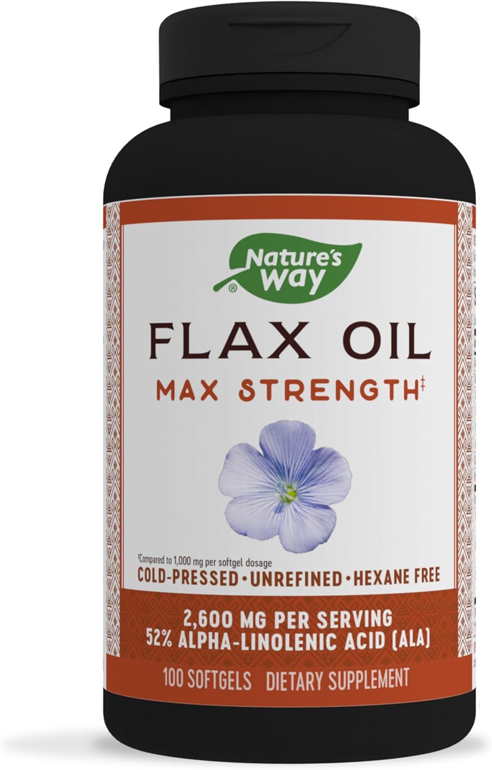 Nature's Way Flax Oil Max Strength 100 softgels front bottle view showing omega three content.