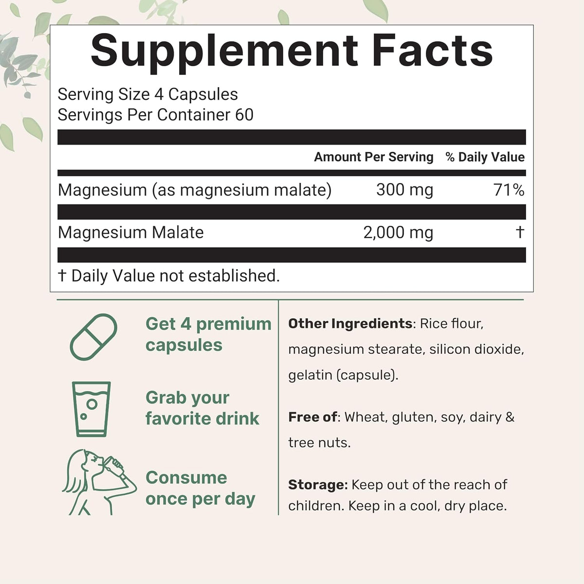 Micro Ingredients Magnesium Malate capsule count and dosage label
