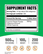 BulkSupplements Cayenne Pepper 100g packaging showing supplement facts and ingredient profile