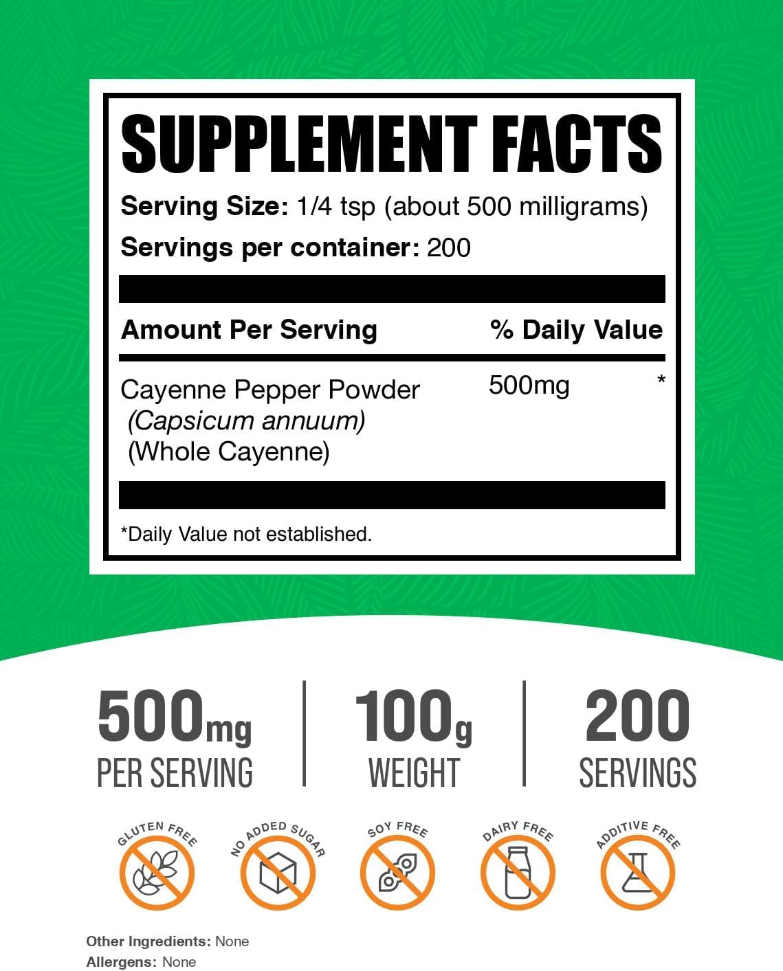 BulkSupplements Cayenne Pepper 100g packaging showing supplement facts and ingredient profile