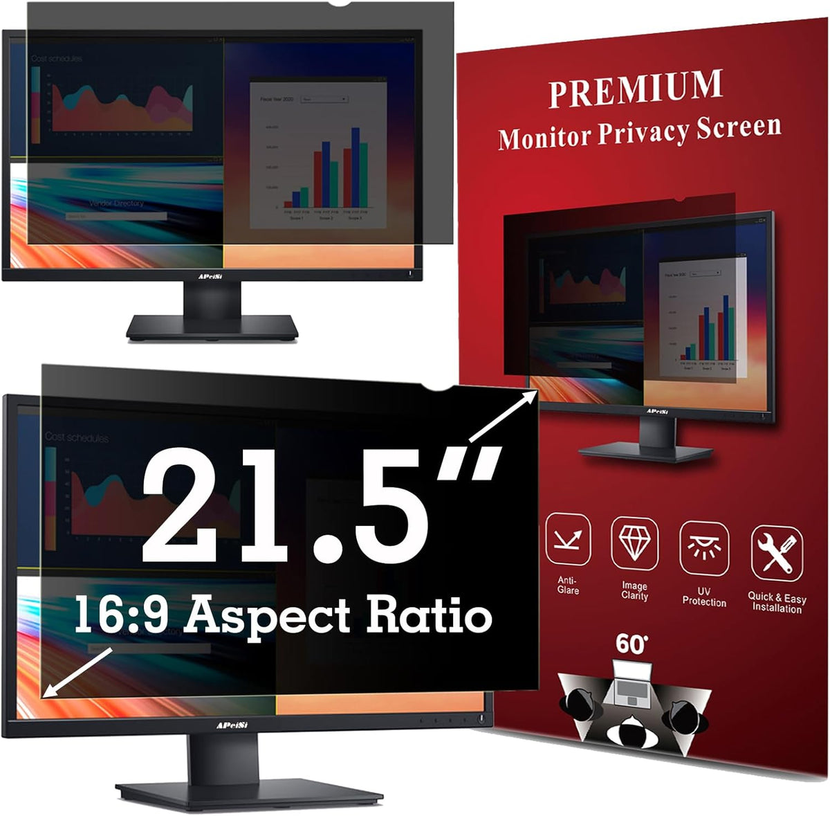 APeiSi 21.5 inch monitor privacy screen filter front view on a widescreen desktop computer.