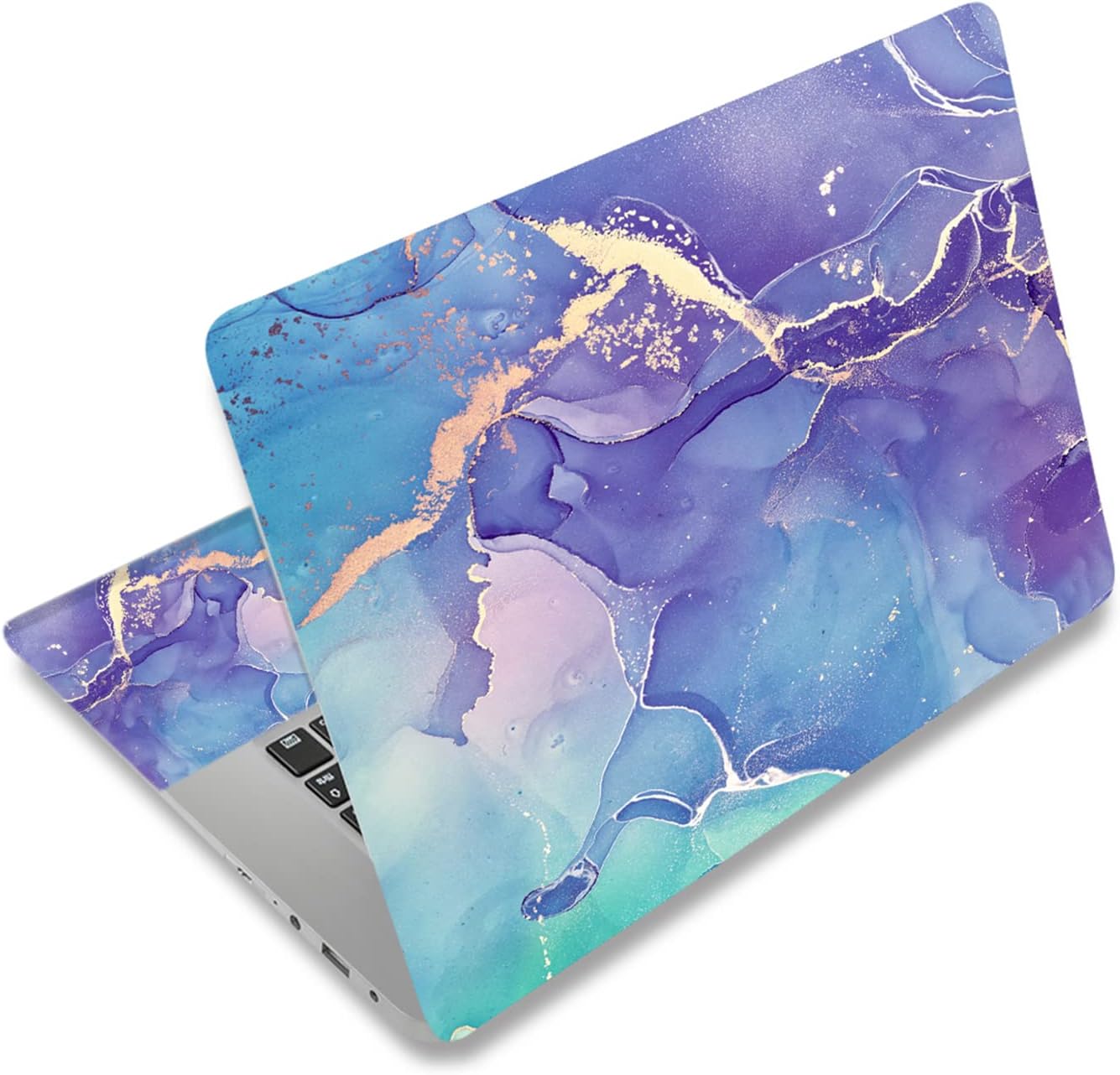 RUYIDAY Purple Marble laptop skin sticker front view showcasing watercolor pattern with gold accents on a notebook lid.