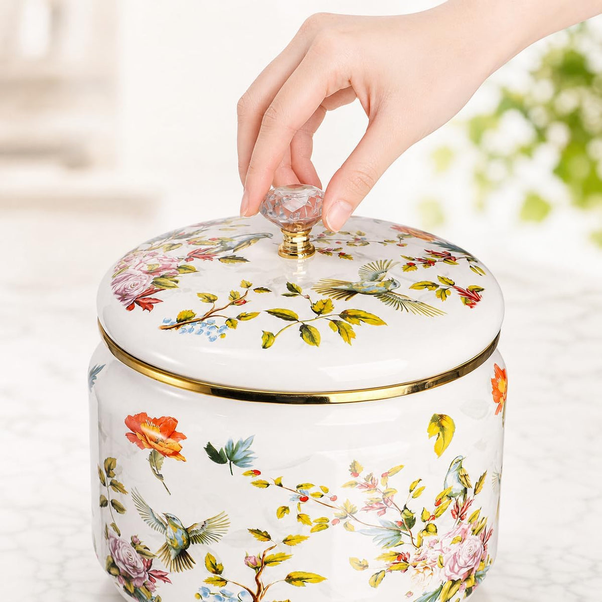 Elsjoy vintage enamel food jar close up of bird and floral pattern