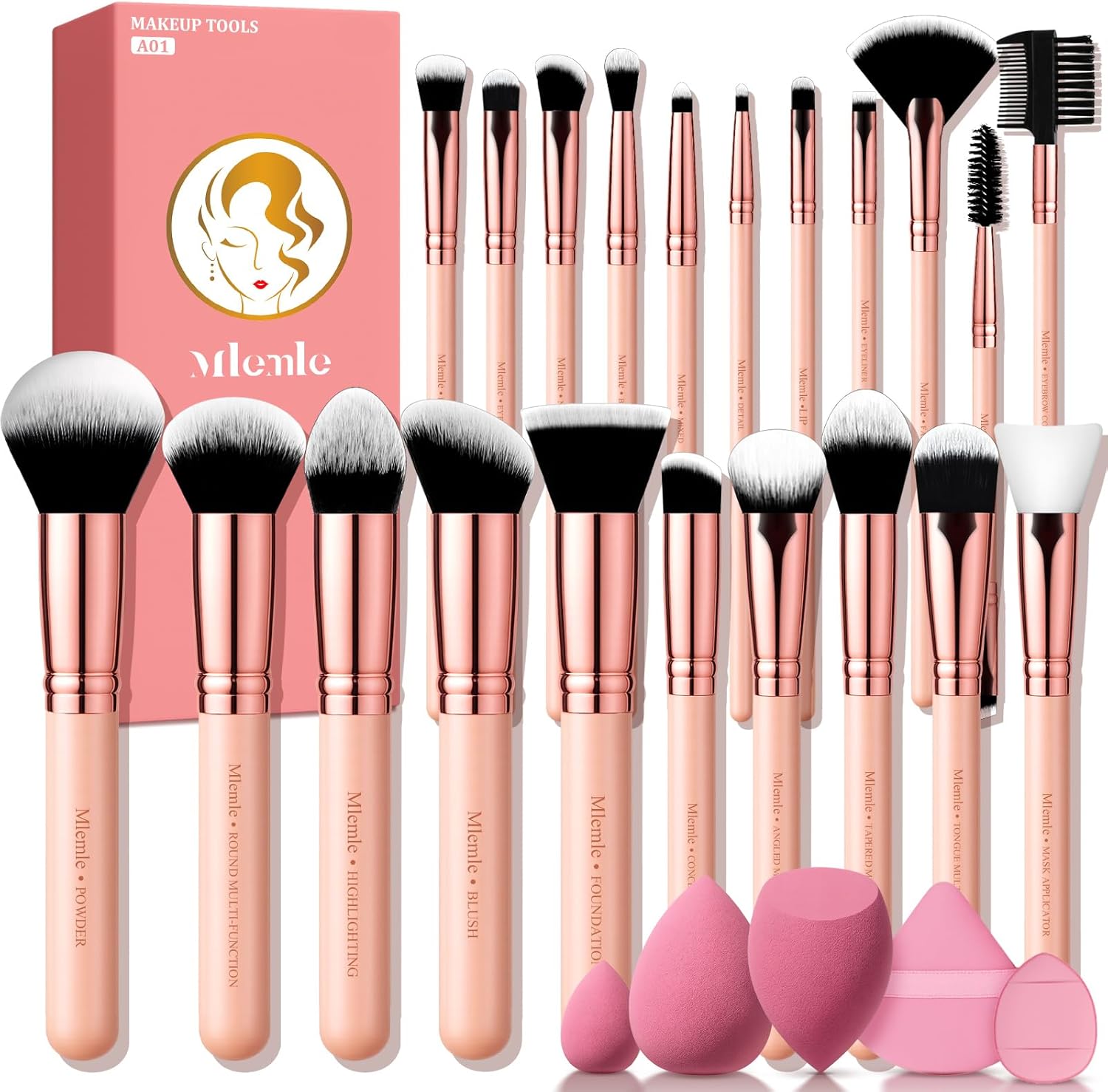 Mlemle Professional 26 Piece Makeup Brushes Set front view showing pink and rose gold collection