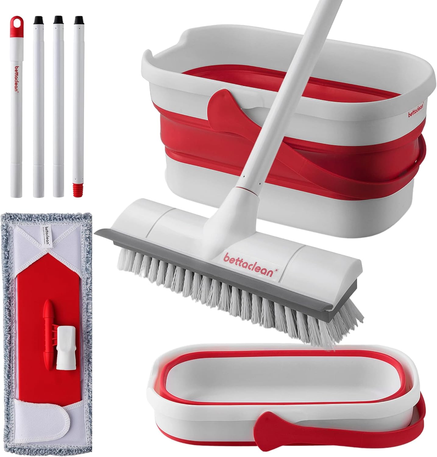 Bettaclean collapsible mop and bucket set front view showing red and white design.