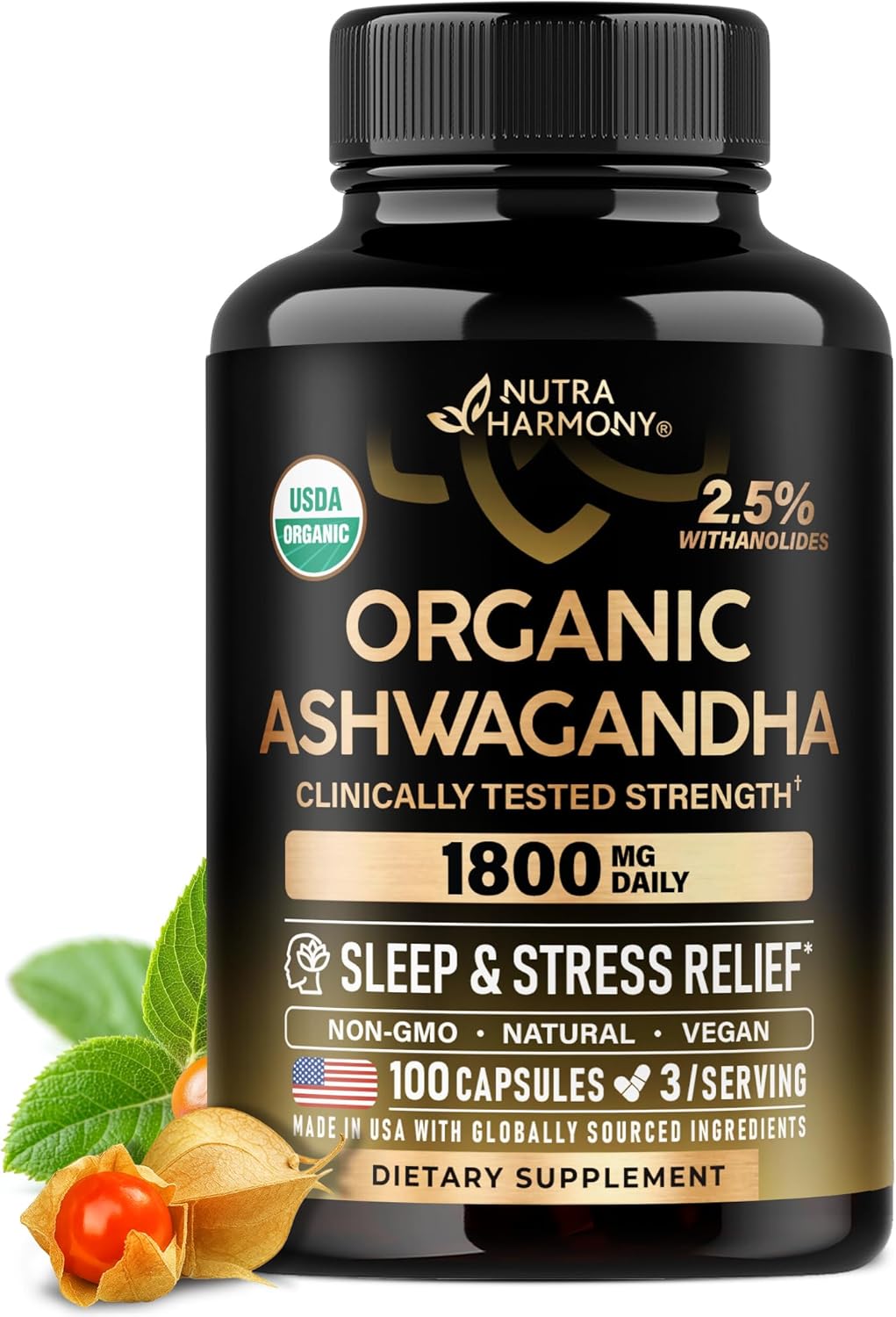 Nutraharmony organic ashwagandha supplement bottle front view