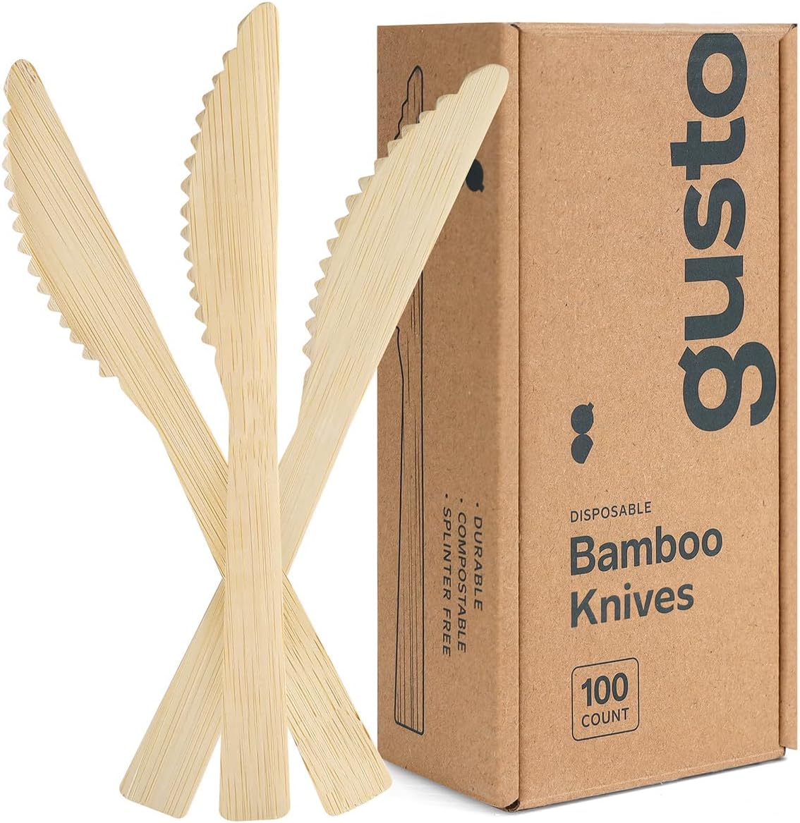 GUSTO natural bamboo disposable knives front view in packaging box.