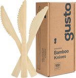 GUSTO natural bamboo disposable knives front view in packaging box.