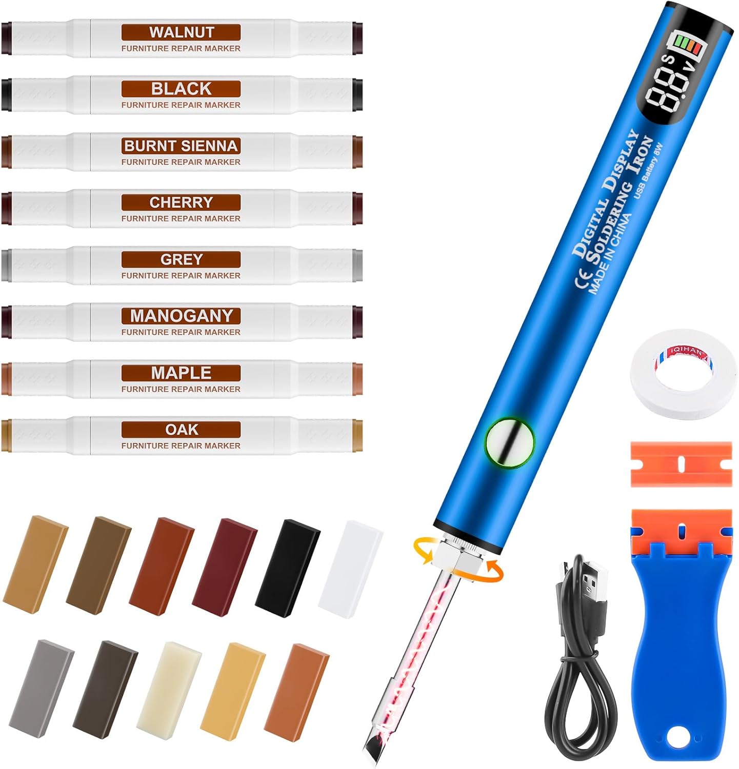 A-HEYIDA laminate wood floor repair kit front view showing the blue storage box containing the digital wax melting tool and color sticks.