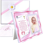 Expressly Yours Photo Expressions baby girl blessing scripture picture frame front view showing pink heart design and numbers scripture scroll.