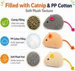 Close up of an individual colorful plush mouse teaser toy for kittens.