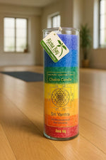 Aloha Bay rainbow chakra pillar candle glass container close up