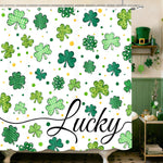 MEHOFOND St. Patricks Day fabric shower curtain featuring green watercolor clovers front view