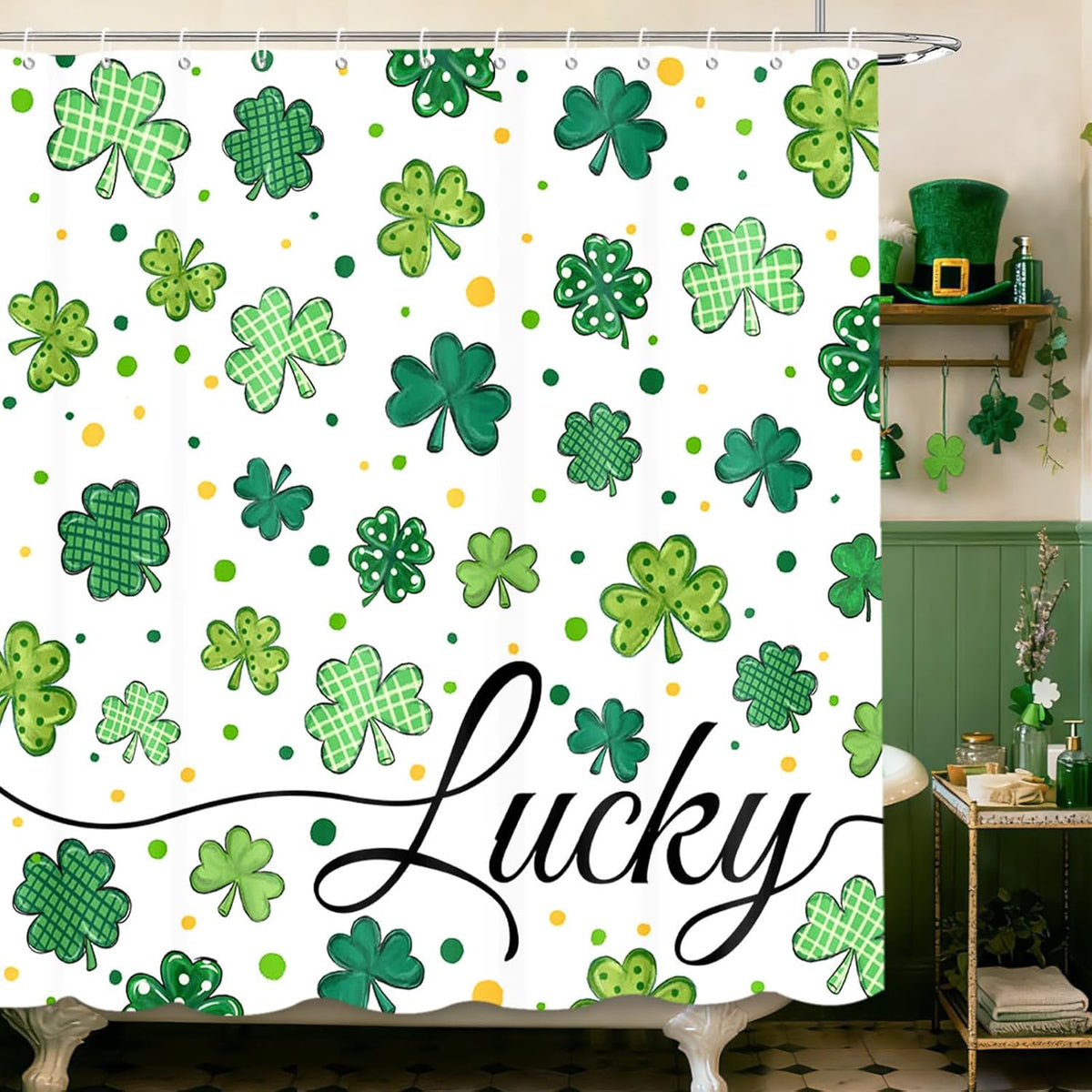 MEHOFOND St. Patricks Day fabric shower curtain featuring green watercolor clovers front view