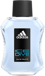 Adidas Ice Dive Eau de Toilette front view showing blue liquid and black cap