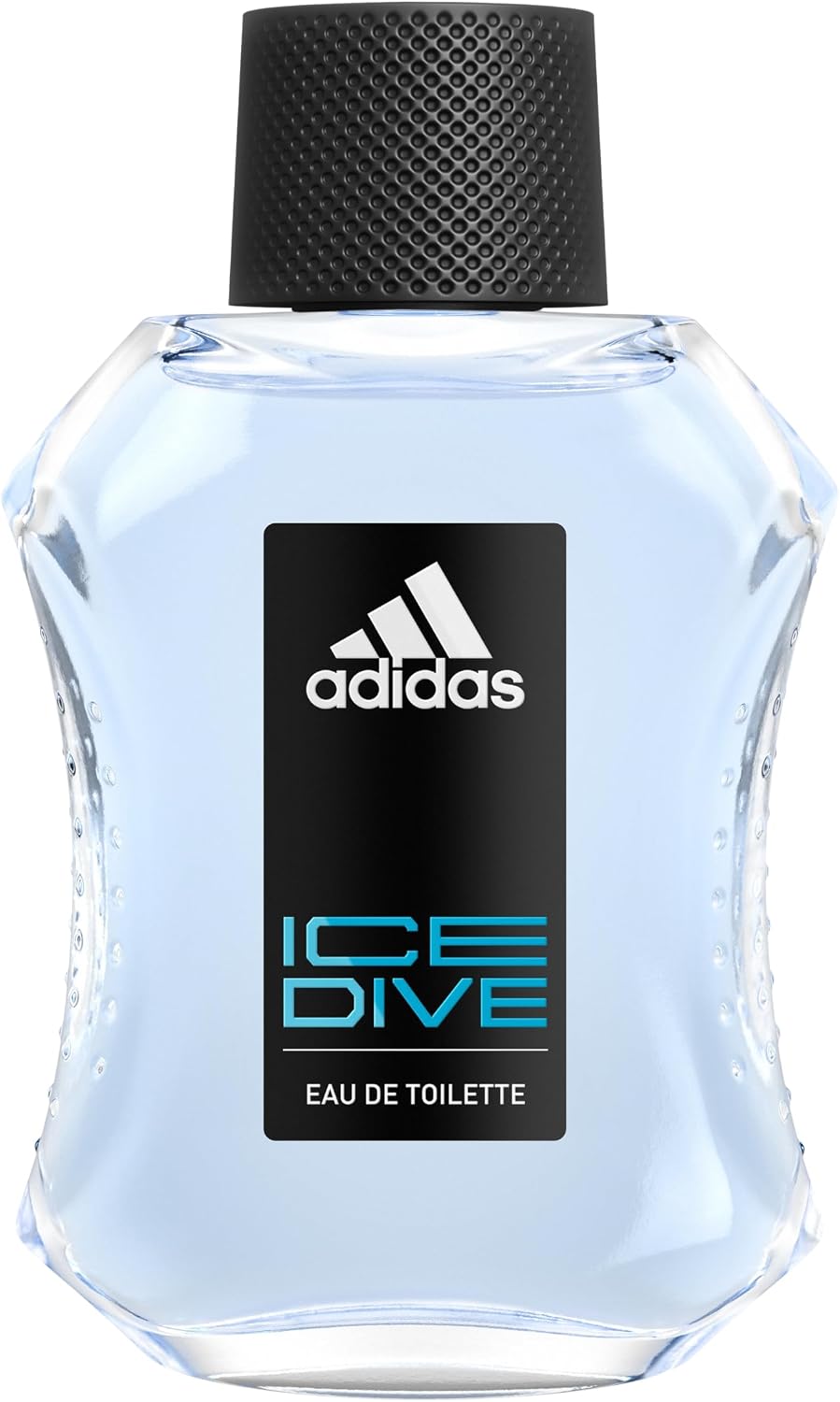 Adidas Ice Dive Eau de Toilette front view showing blue liquid and black cap