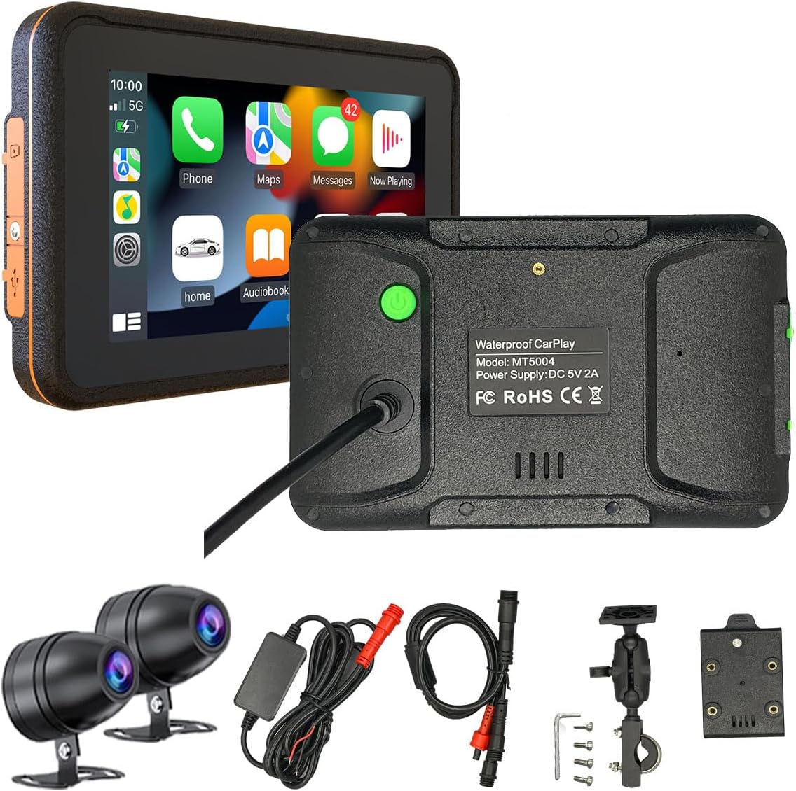 BELESH MT5004 motorcycle CarPlay device front view showing the 5-inch touchscreen navigation display.