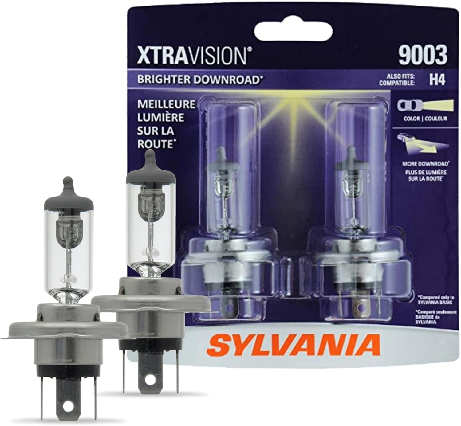 Sylvania 9003 XtraVision halogen headlight bulb front view packaging for high performance automotive lighting