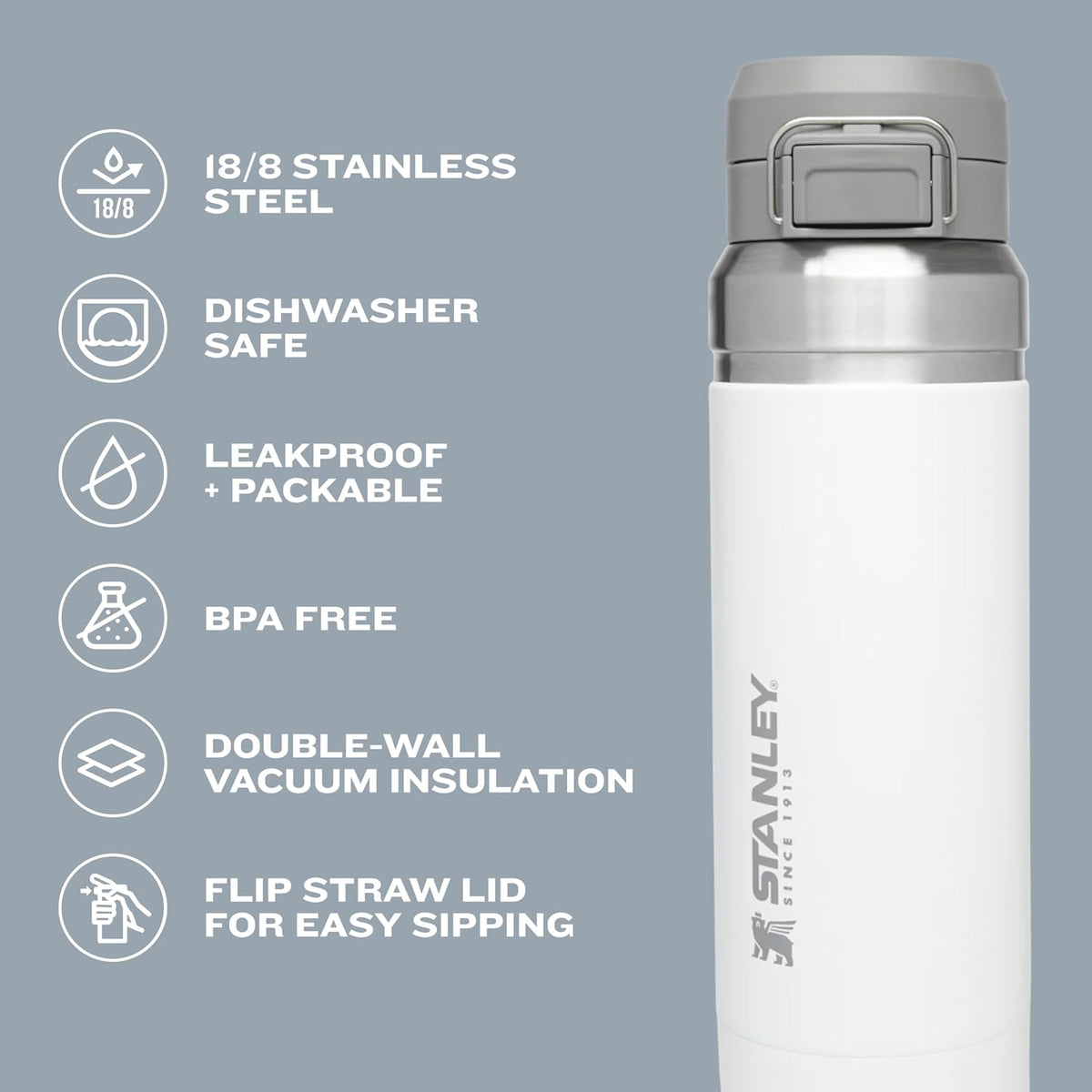Stanley Mist colorway vacuum insulated bottle showing locking mechanism