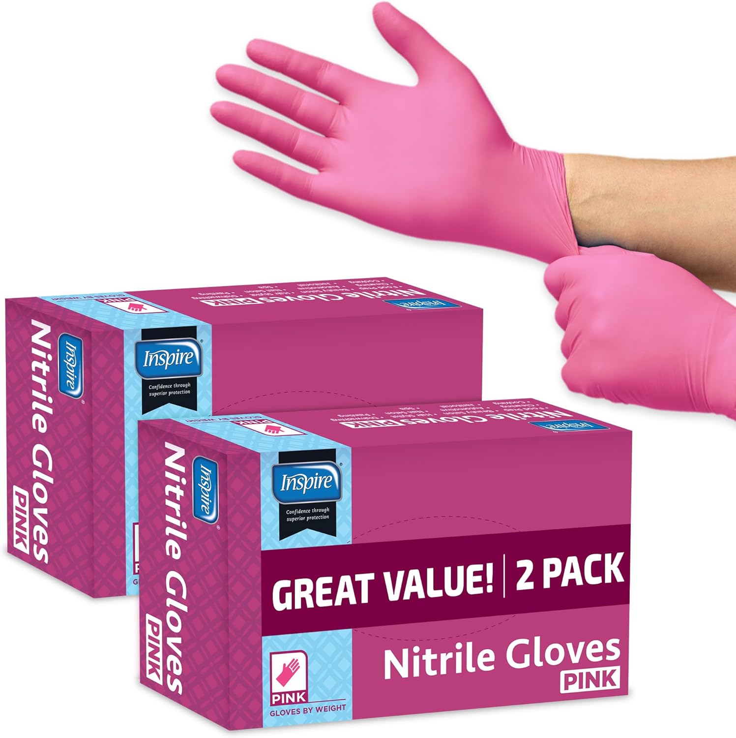 Inspire Pink Nitrile Disposable Gloves front view of professional packaging