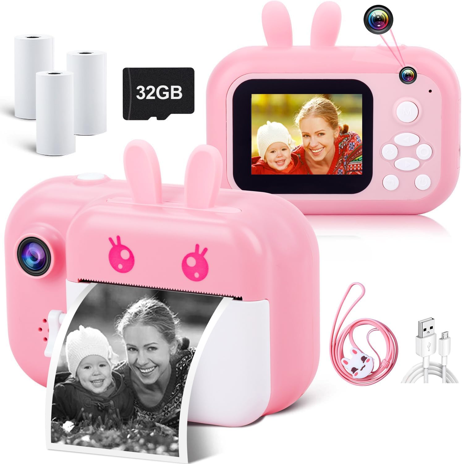 MINIBEAR kids instant print camera pink front view showcasing the lens design.